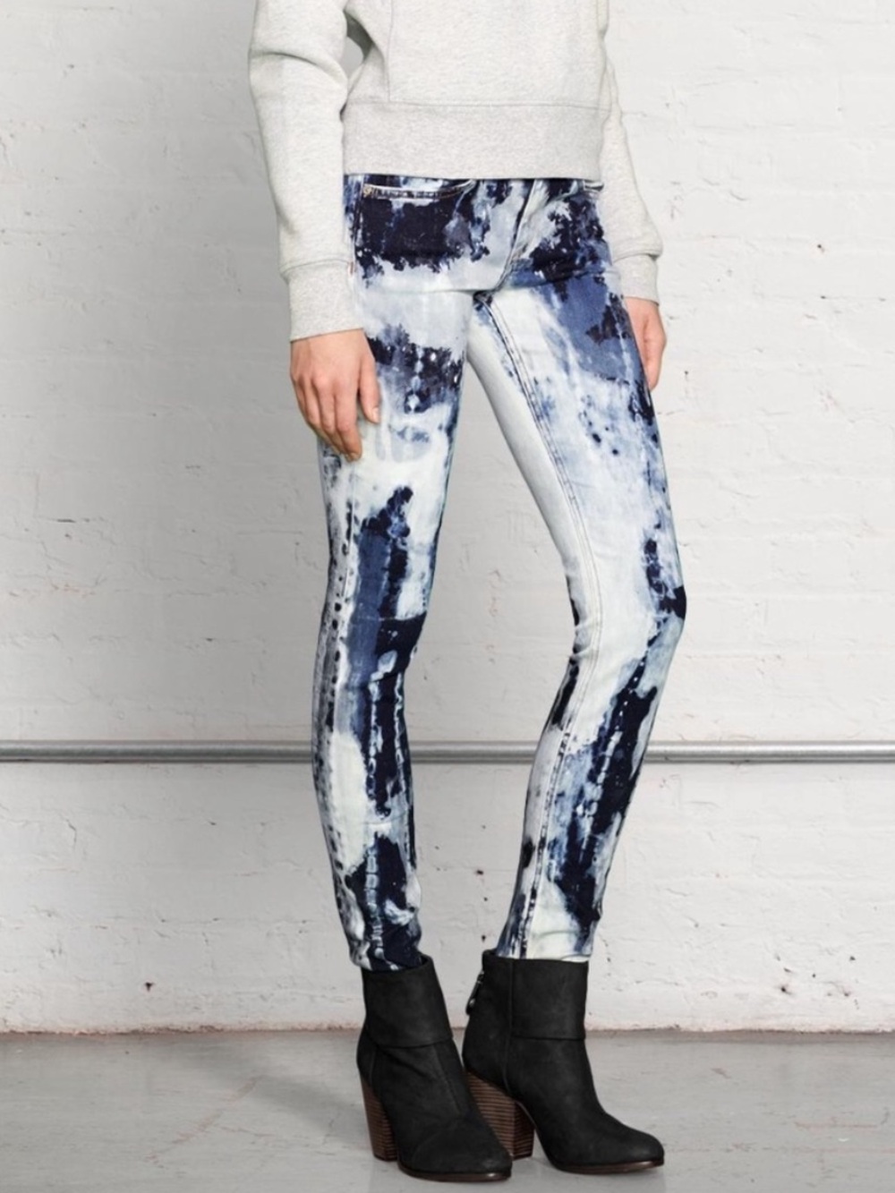 NWT Rag & Bone The Skinny Riviera Acid Wash Stretch Skinny Jeans Blue White Tie